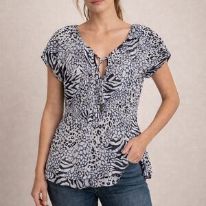 Mandee Animal Print Tie-Front Blouse | Size Small | Black White Zebra Leopard